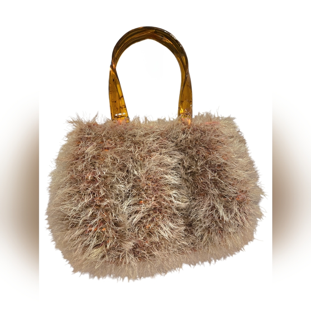 Vintage Crocheted Mohair Hand Bag W/ Amber Acrylic Handles Soft Taupe Never Used